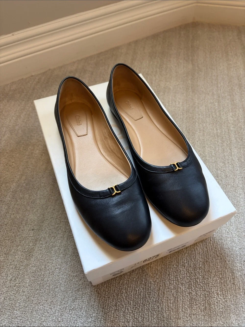 Chloe Black Leather Ballet Flats - Gold Accent